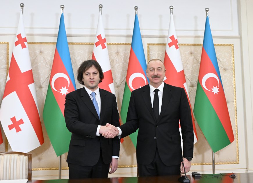 prezident ilham əliyev və baş nazir irakli kobaxidze mətbuata bəyanatlar
