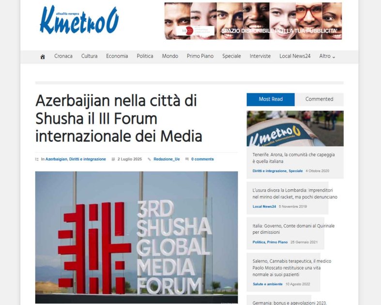 italiya mətbuatı iii şuşa qlobal media forumunu diqqətdə saxlayıb